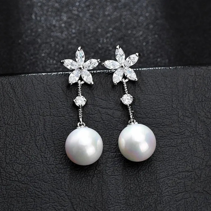 AAA Zirconia Flower & Tassel Pearl Earrings