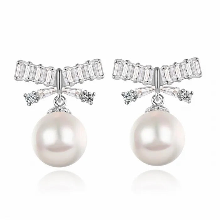 Crystal Bow & Pearl Pendant Earrings