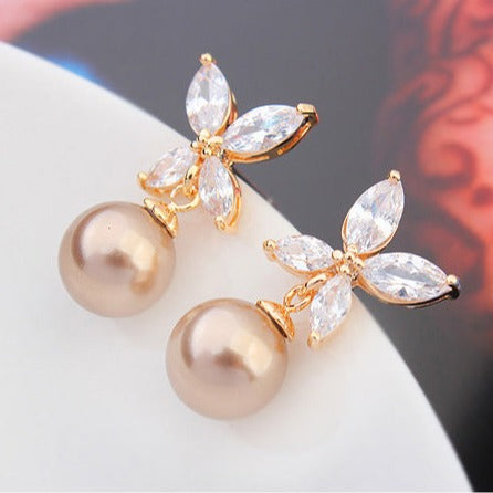 Crystal Flower & Taupe Pearl Earrings