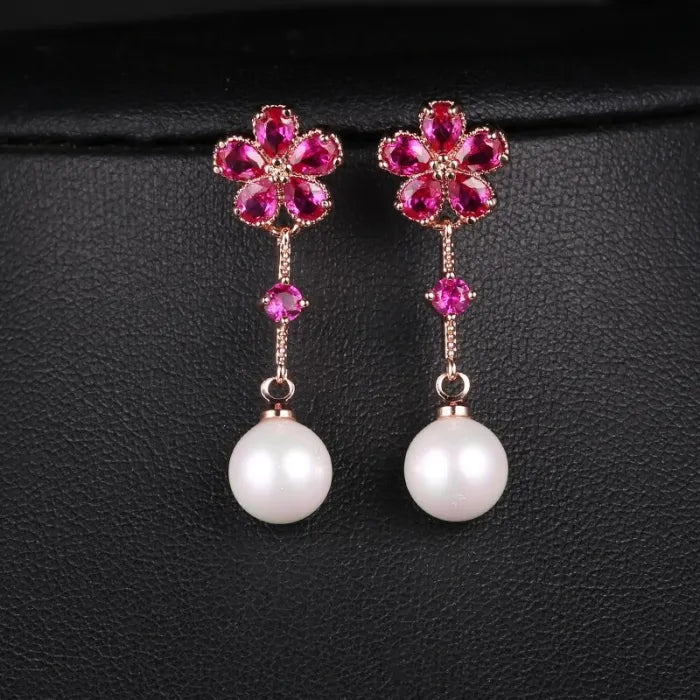 Crystal Flower & Pearl 925 Sterling Silver Earrings