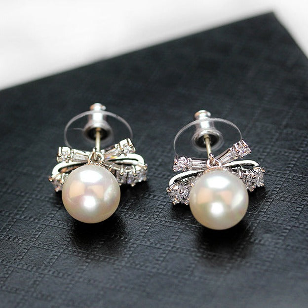 Crystal Bow & Pearl Pendant Earrings