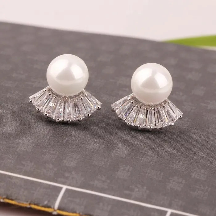 925 Sterling Silver Crystal Fan & Pearl Earrings