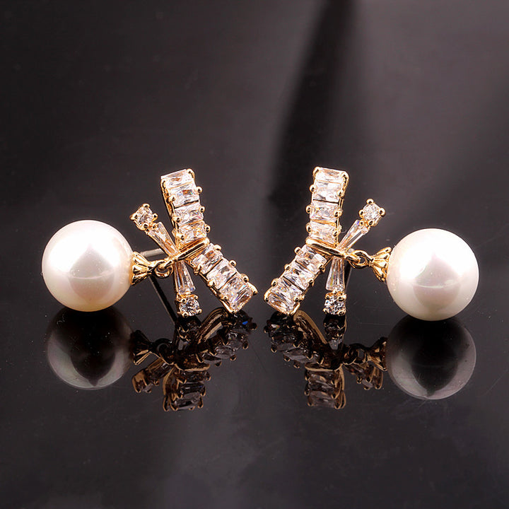 Crystal Bow & Pearl Pendant Earrings