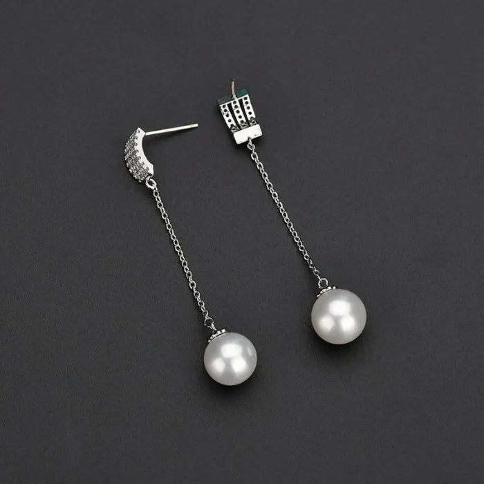 925 Sterling Silver Long Pendant Pearl Earrings