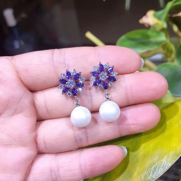 AAA Zirconia Flower & Pearl Pendant Earrings