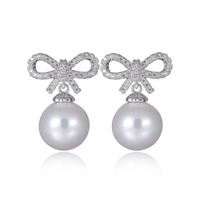 925 Sterling Silver Bow & Pearl Pendant Earrings