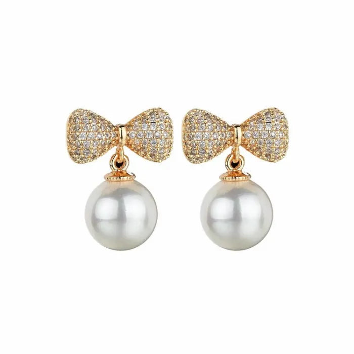 Crystal and Pearl bow cubic zirconia stud earrings