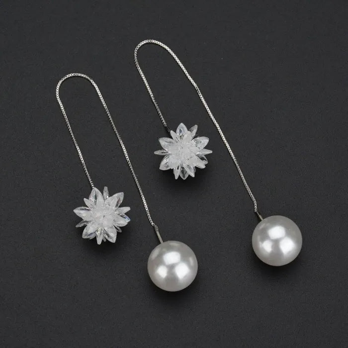 925 Sterling Silver Pearl & Snowflake Long Earrings