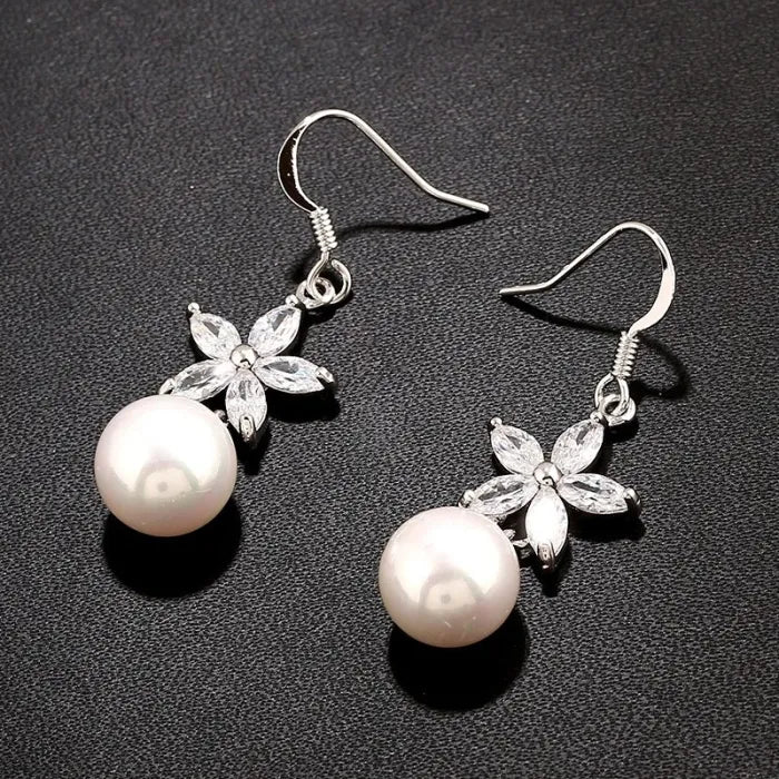 Zirconia Flower & Pearl Drop Earrings