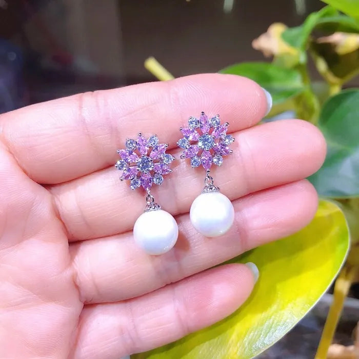AAA Zirconia Flower & Pearl Pendant Earrings