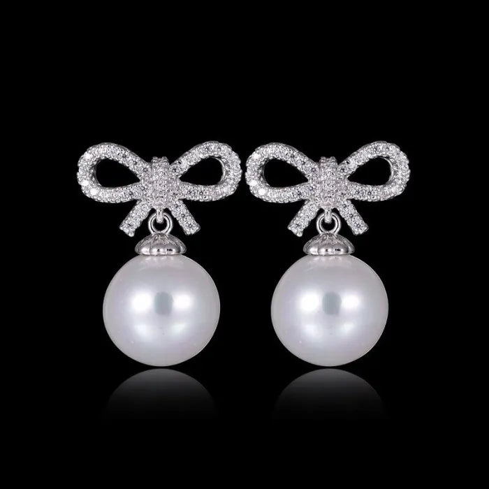 925 Sterling Silver Bow & Pearl Pendant Earrings