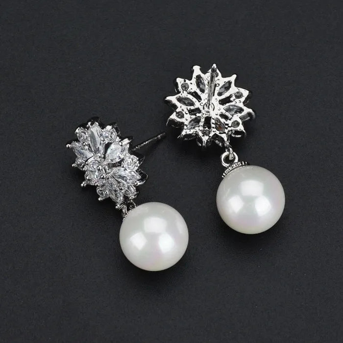 AAA Zirconia Flower & Pearl Pendant Earrings