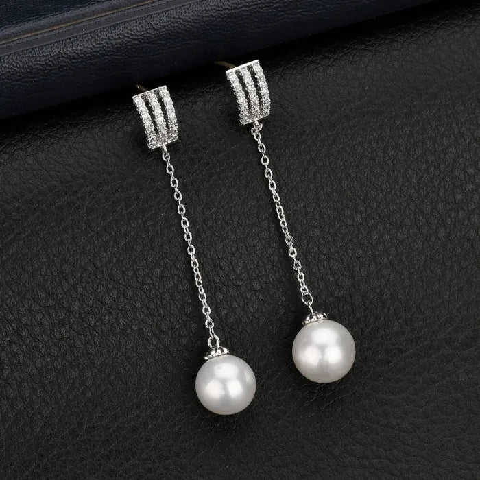 925 Sterling Silver Long Pendant Pearl Earrings