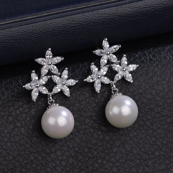 Crystal Flowers & Pearl 925 Sterling Silver Earrings