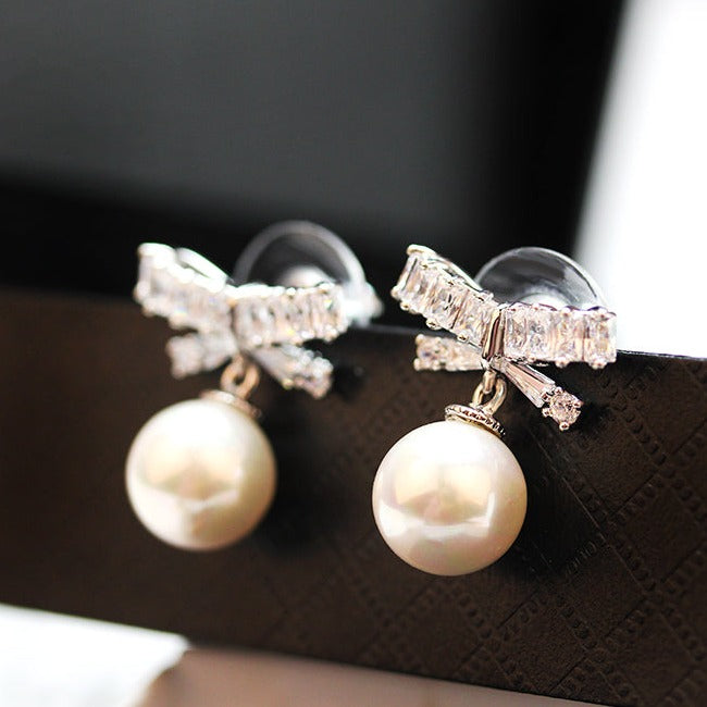 Crystal Bow & Pearl Pendant Earrings