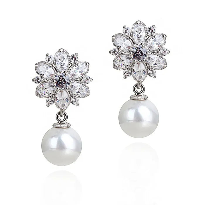 Crystal Flower Earrings & pearl pendant