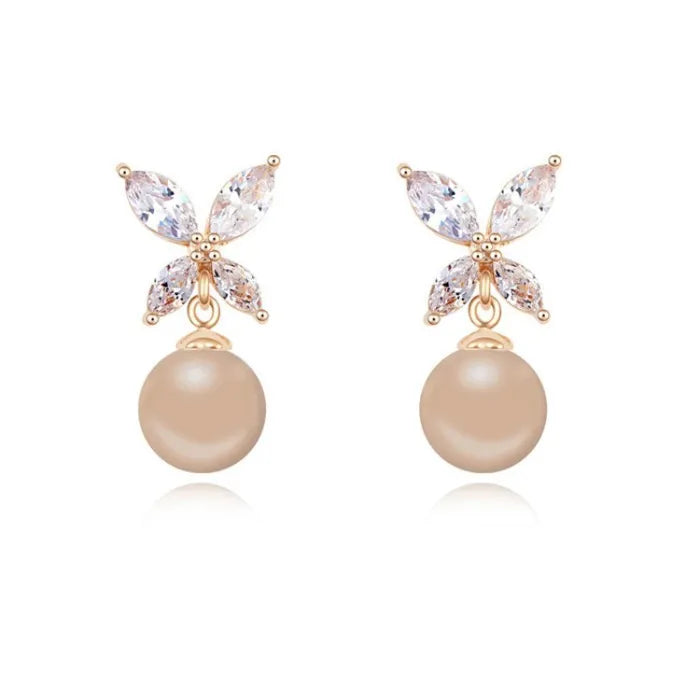Crystal Flower & Taupe Pearl Earrings