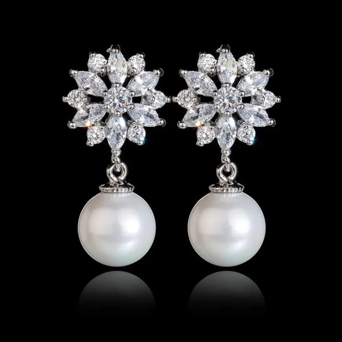 AAA Zirconia Flower & Pearl Pendant Earrings