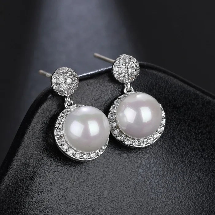 S925 Sterling Silver AAA Zircon & Pearl Earrings