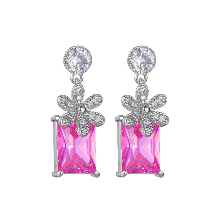 925 Sterling Silver Square & Flower Crystal Earrings