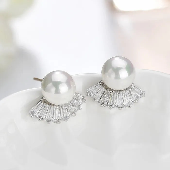 925 Sterling Silver Crystal Fan & Pearl Earrings