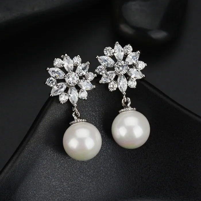 AAA Zirconia Flower & Pearl Pendant Earrings