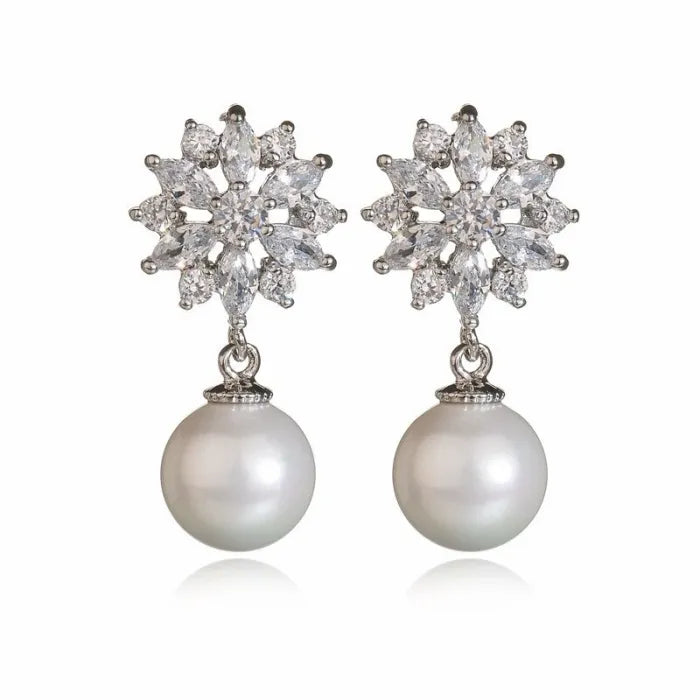 AAA Zirconia Flower & Pearl Pendant Earrings