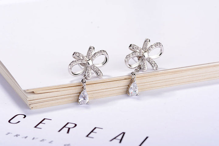 925 Sterling silver Crystal bow elegant earrings