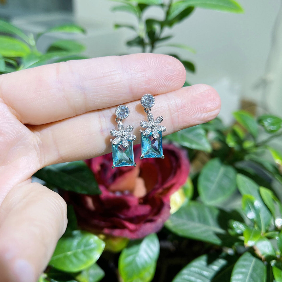 925 Sterling Silver Square & Flower Crystal Earrings