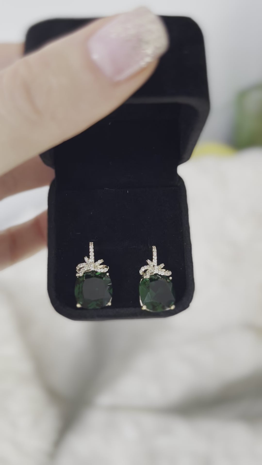 Green bow large crystal earrings